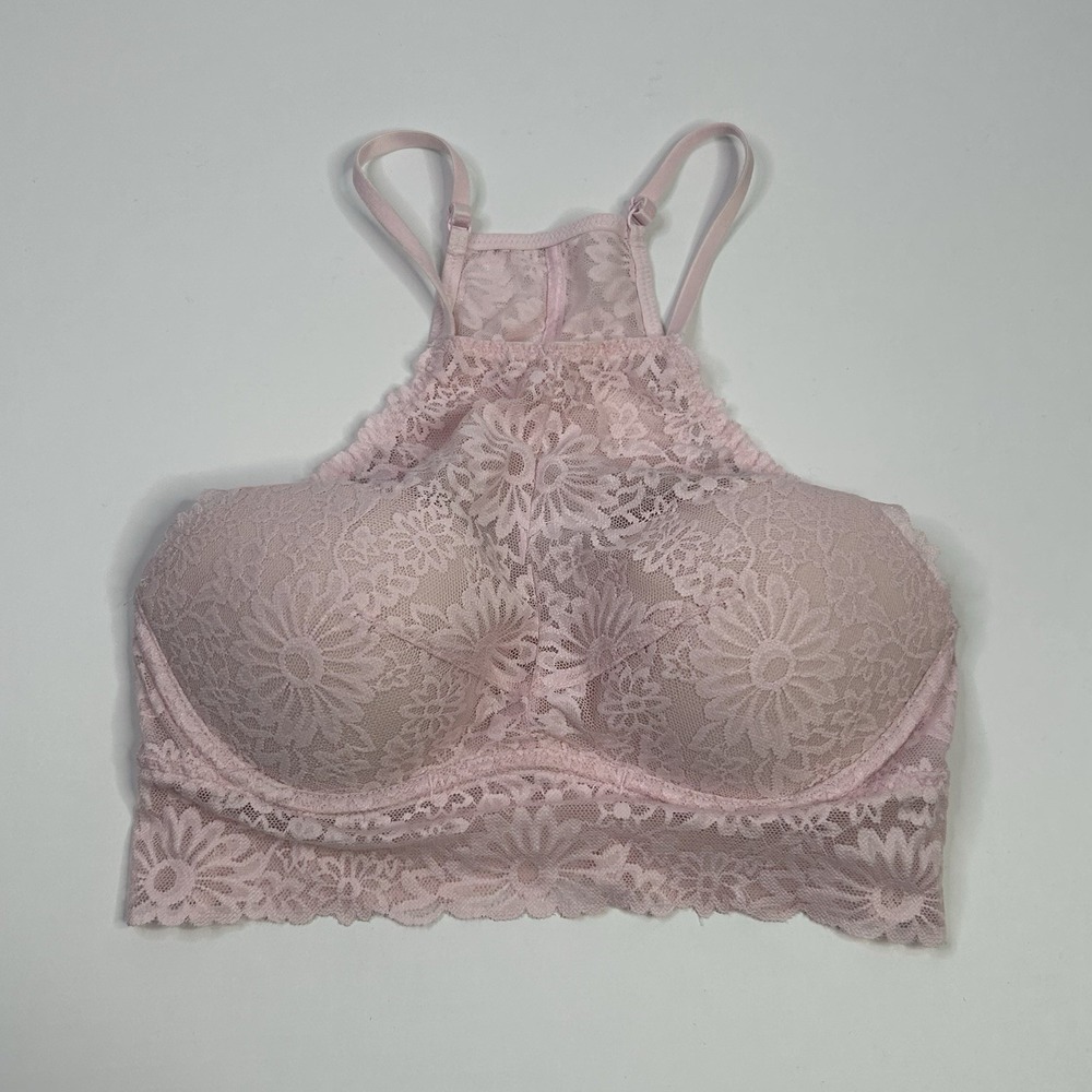 VICTORIA'S SECRET PINK Womens Small Lace Bralette Bra Light Pink Underwire V-day